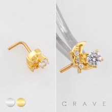 MULTI CZ CELESTIAL CRESCENT MOON AND STARS 316L SURGICAL STEEL L-SHAPE NOSE RING